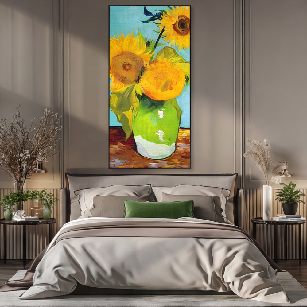 Tablou canvas cu tablou pictura cu floarea soarelui, in rama de aluminiu negru, pe perete intr-un dormitor